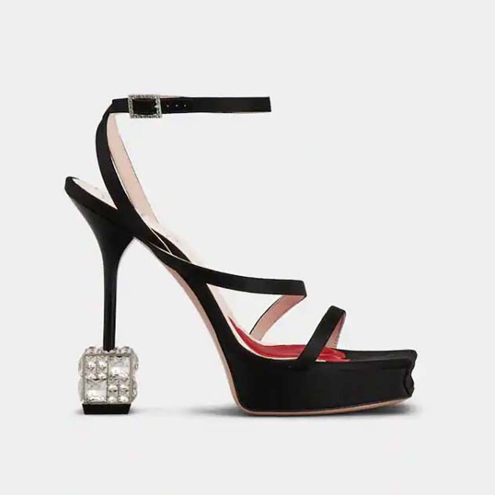 Side view of Roger Vivier Women Cube Strass Heel Sandals in Satin-Black