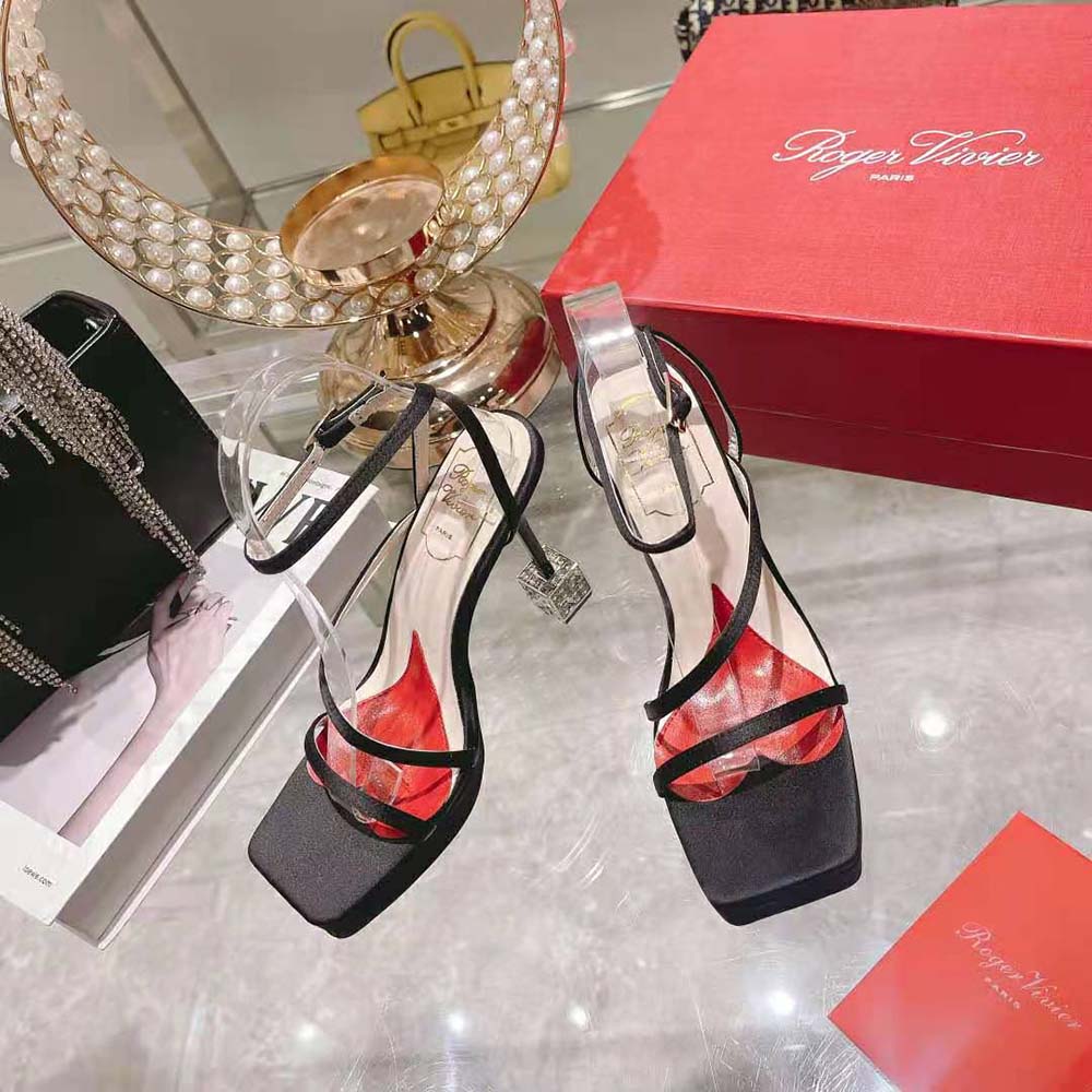 Close-up of strass crystal embellishments on Roger Vivier Cube Heel sandals