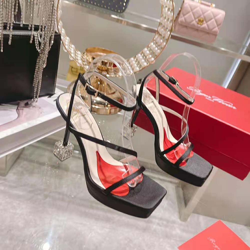 Top angle showing satin finish and buckle on Roger Vivier Cube Strass Heel Sandals