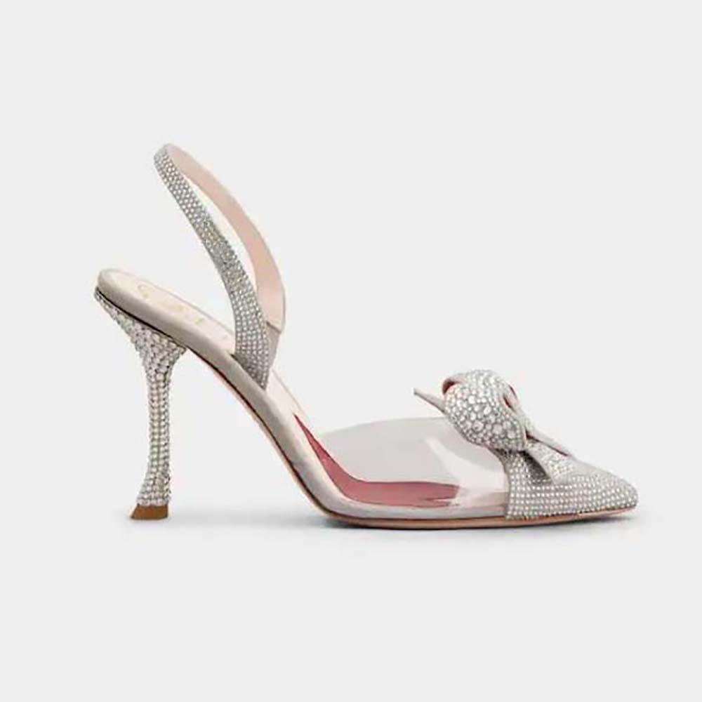 Side view of Roger Vivier Women I Love Vivier Bow Strass Pumps in silver PVC