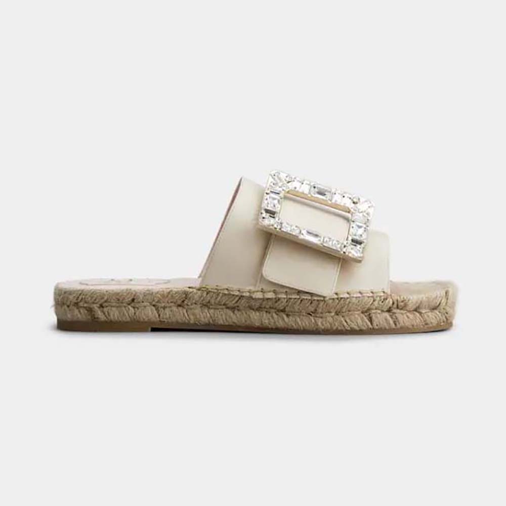 Side view of Roger Vivier Women Strass Buckle Espadrille Mules in Soft Leather beige