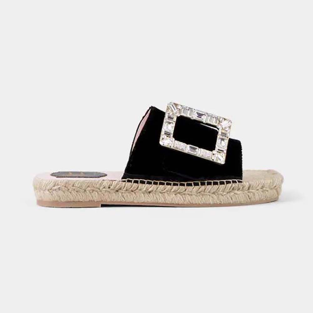 Side view of Roger Vivier Women Strass Buckle Espadrille Mules in Velvet-Black