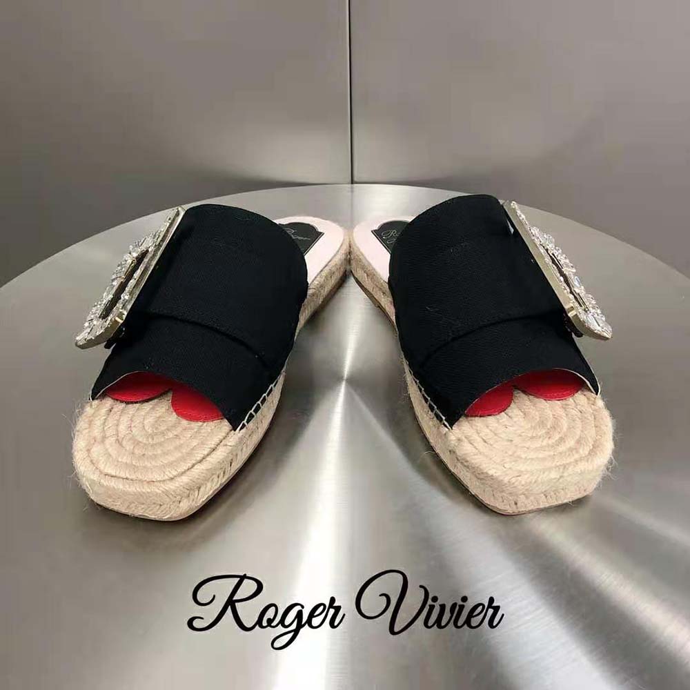 Top view showing open back and velvet texture of Roger Vivier espadrille mules