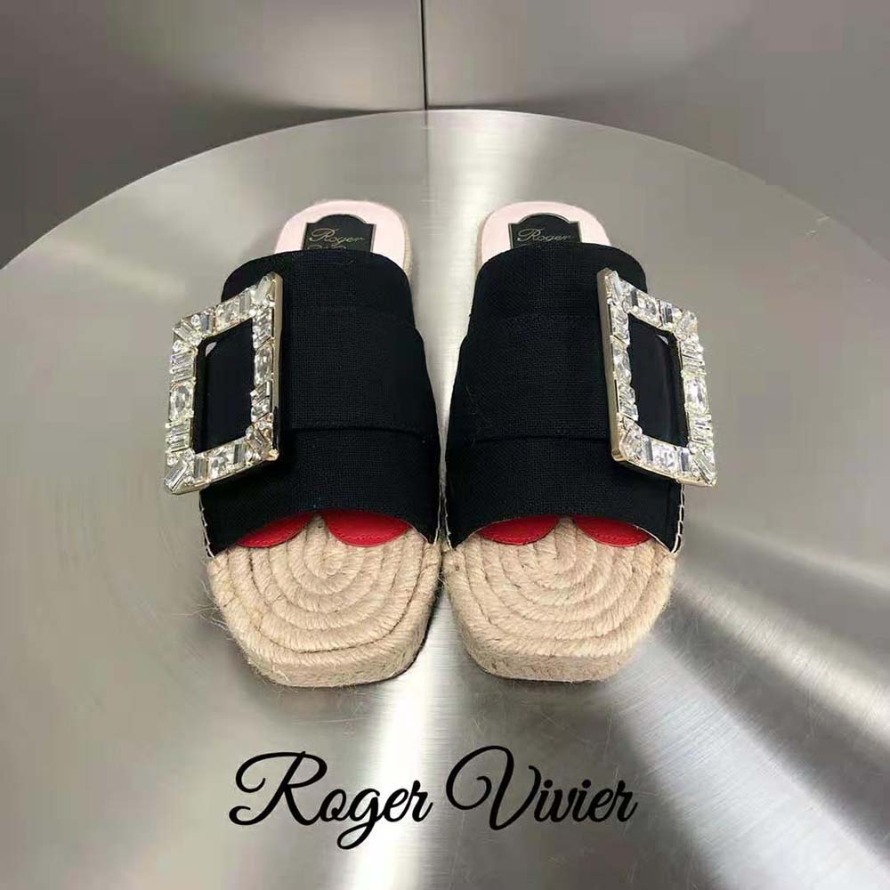 Close-up of crystal Strass buckle detail on Roger Vivier Velvet-Black mules