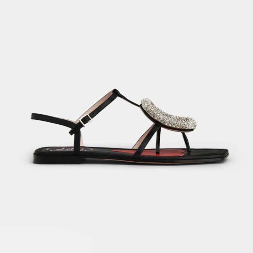 Side view of Roger Vivier Women Viv Choc Strass Buckle Thong Sandals in Leather-Black