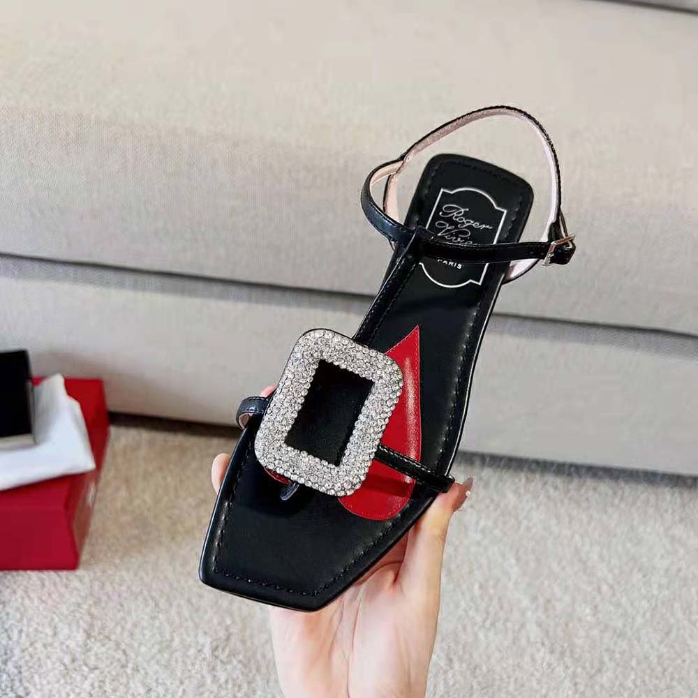 Roger Vivier Women Viv Choc Strass Buckle Thong Sandals in Leather-Black - image 5