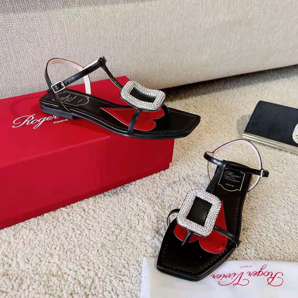 Roger Vivier Women Viv Choc Strass Buckle Thong Sandals in Leather-Black - image 4
