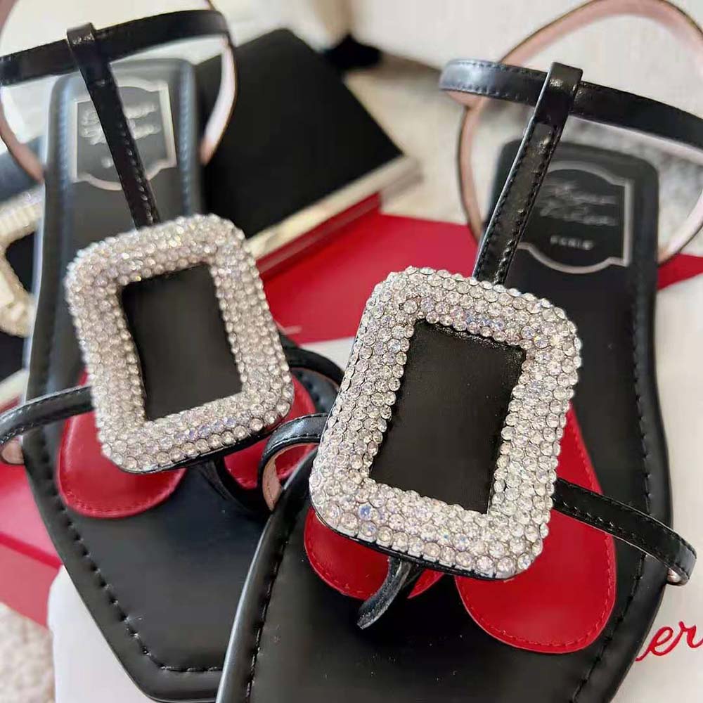 Roger Vivier Women Viv Choc Strass Buckle Thong Sandals in Leather-Black - image 9