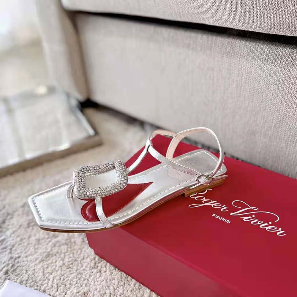 Roger Vivier Women Viv Choc Strass Buckle Thong Sandals in Leather-Silver - image 6