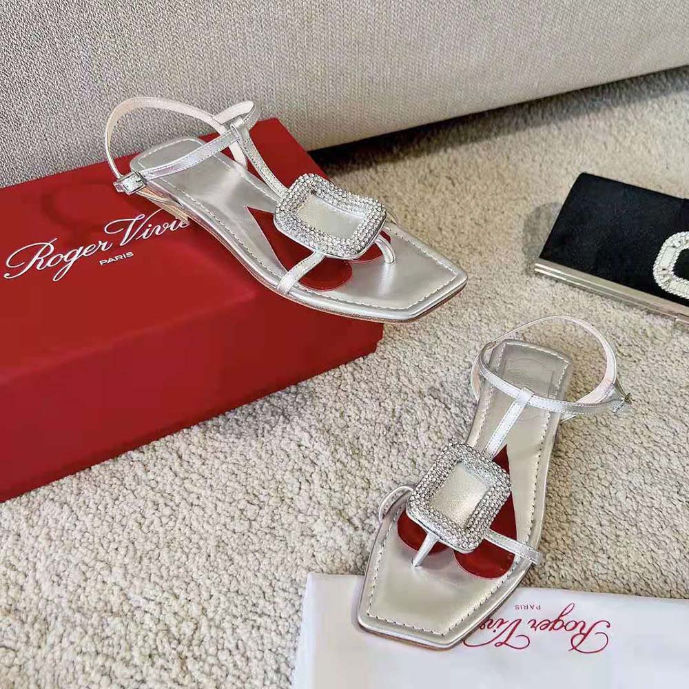 Roger Vivier Women Viv Choc Strass Buckle Thong Sandals in Leather-Silver - image 5