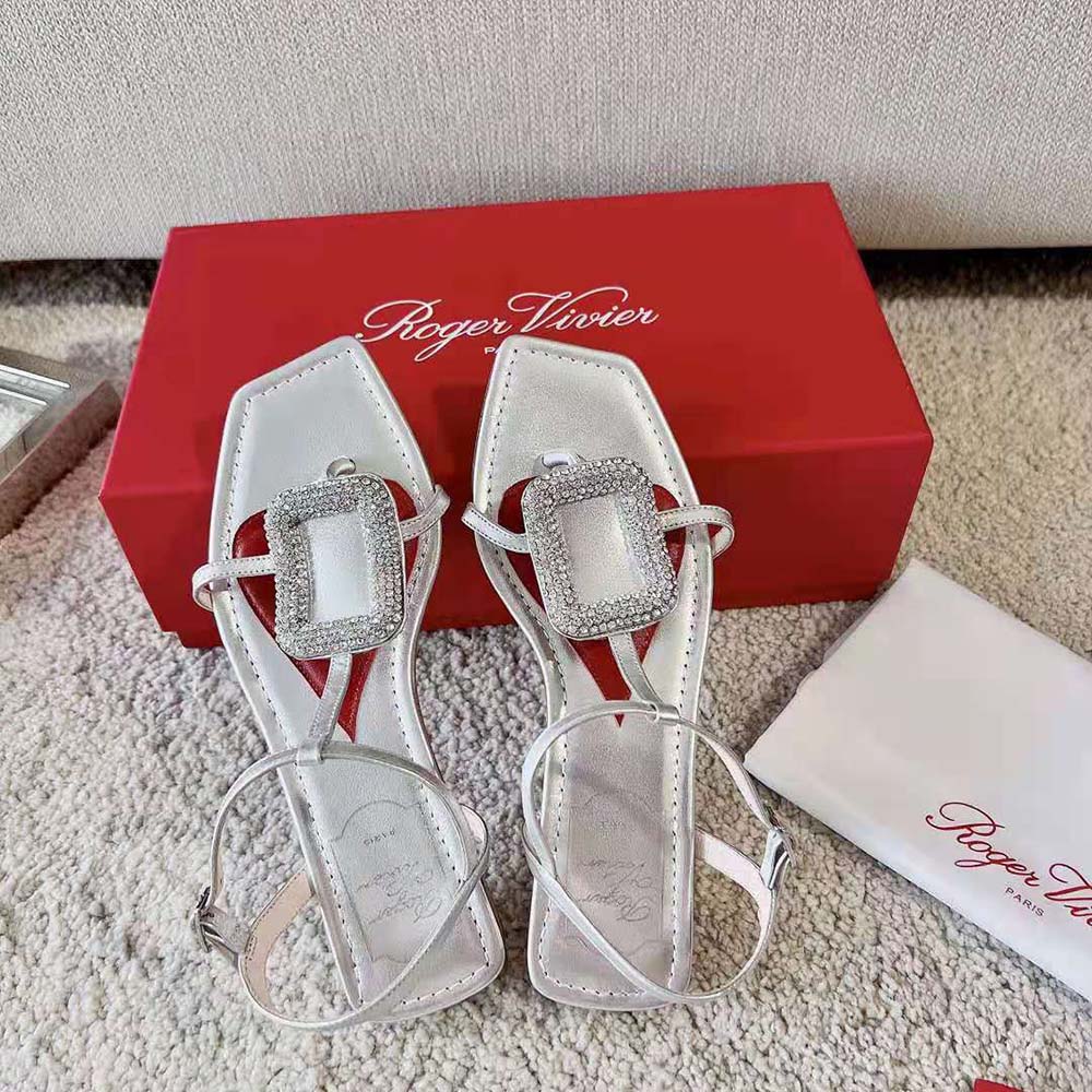 Roger Vivier Women Viv Choc Strass Buckle Thong Sandals in Leather-Silver - image 4
