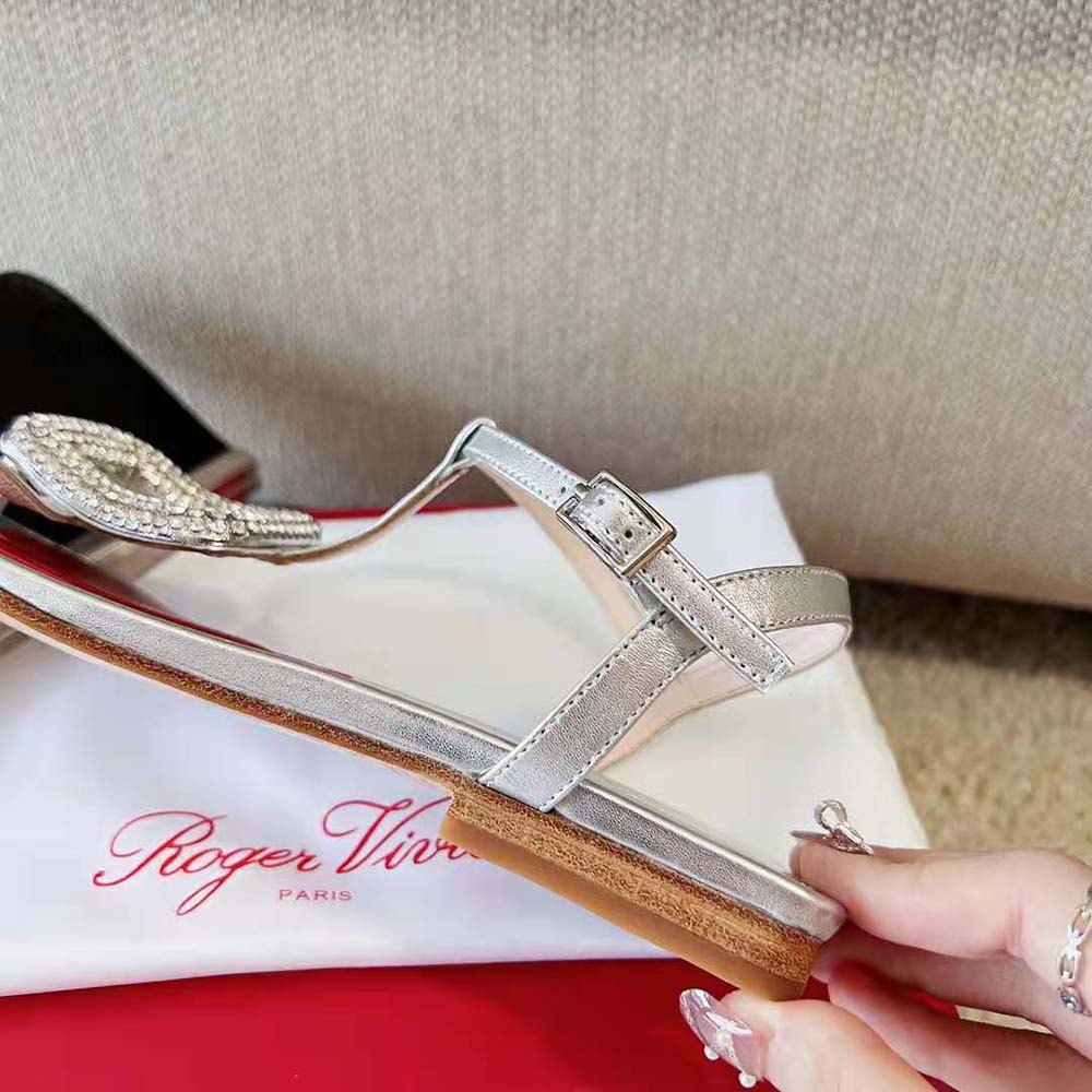 Roger Vivier Women Viv Choc Strass Buckle Thong Sandals in Leather-Silver - image 10