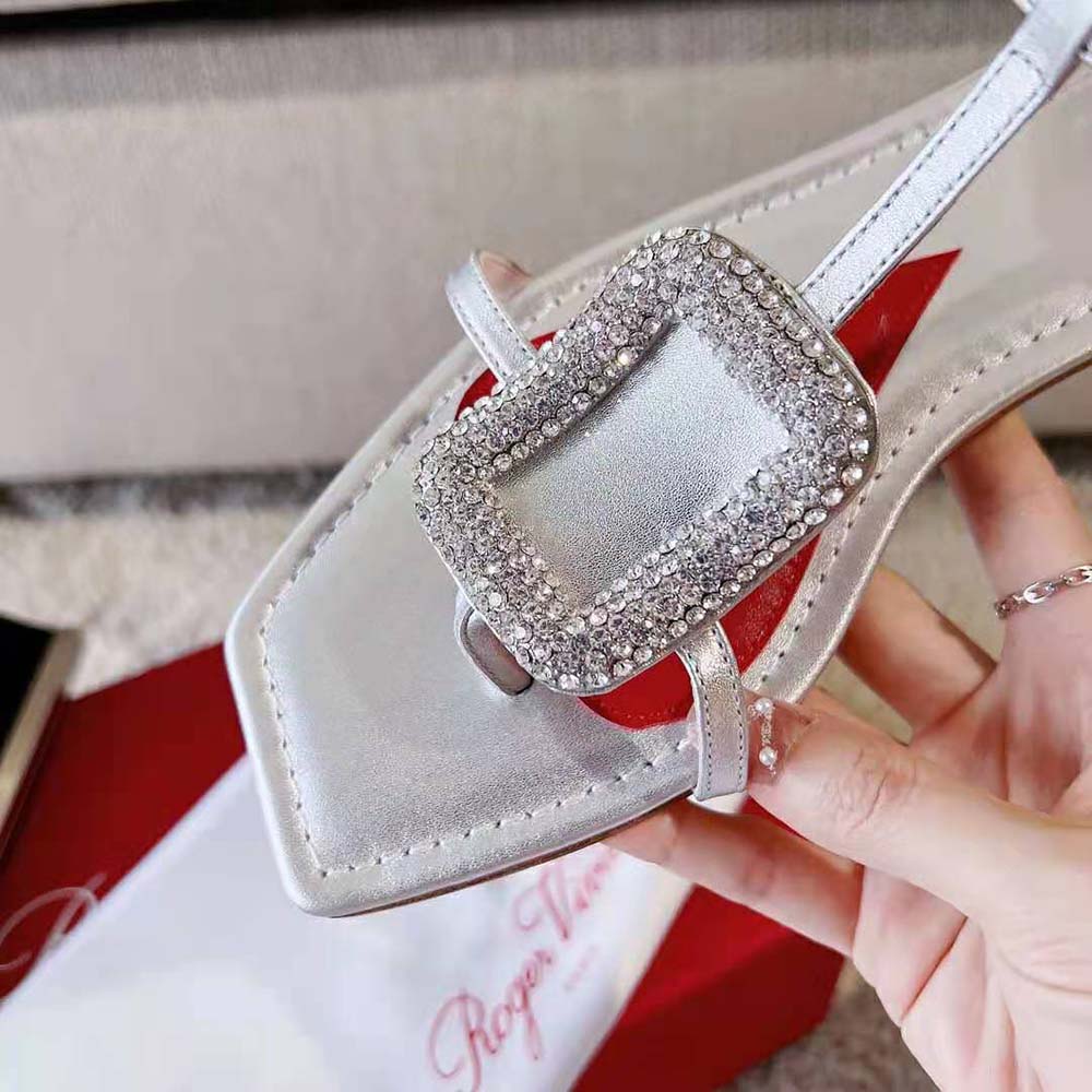 Roger Vivier Women Viv Choc Strass Buckle Thong Sandals in Leather-Silver - image 9