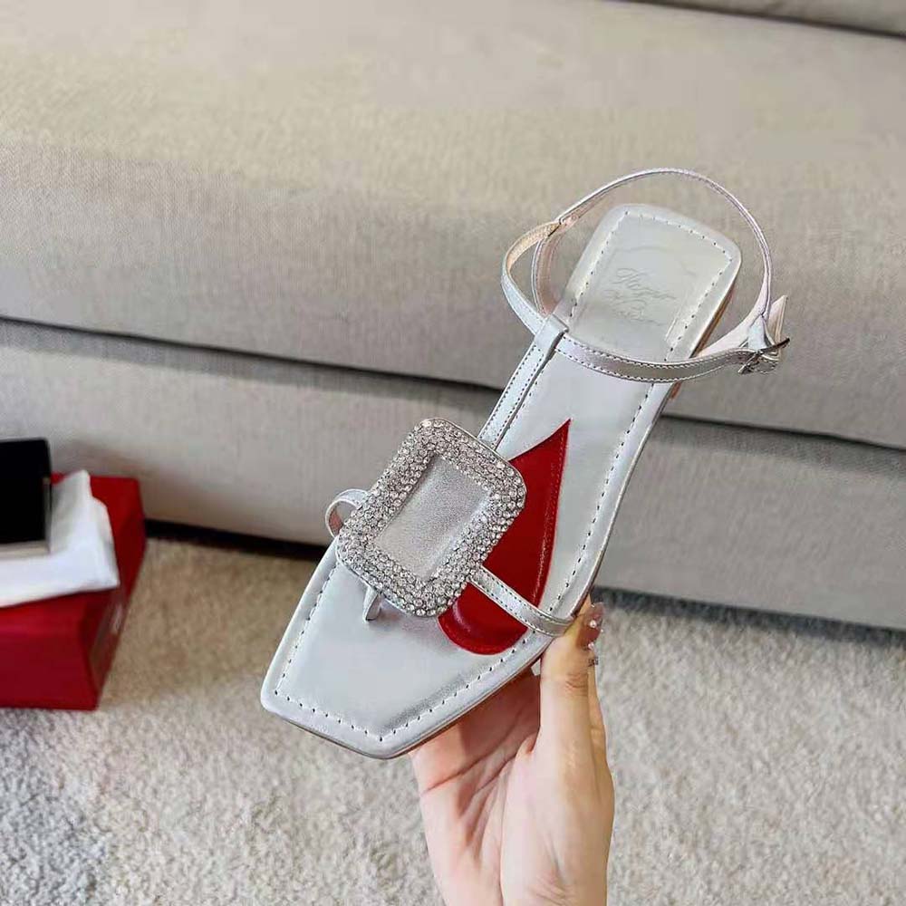 Roger Vivier Women Viv Choc Strass Buckle Thong Sandals in Leather-Silver - image 7