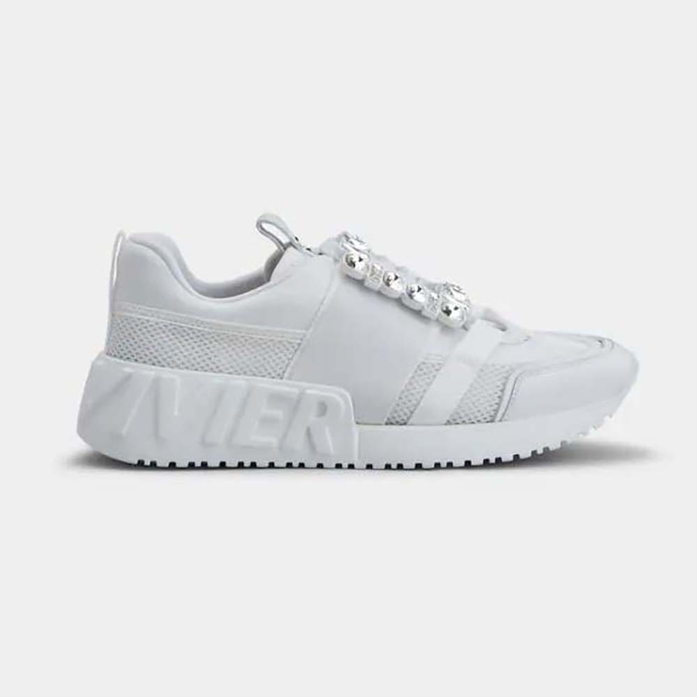 Side view of Roger Vivier Women Viv Go Rhinestone Buckle Sneakers White