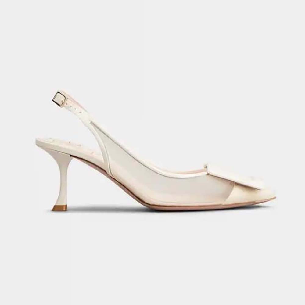Side view of Roger Vivier Women Viv’ In The City Net Covered Buckle Slingback Pumps in Fabric-White