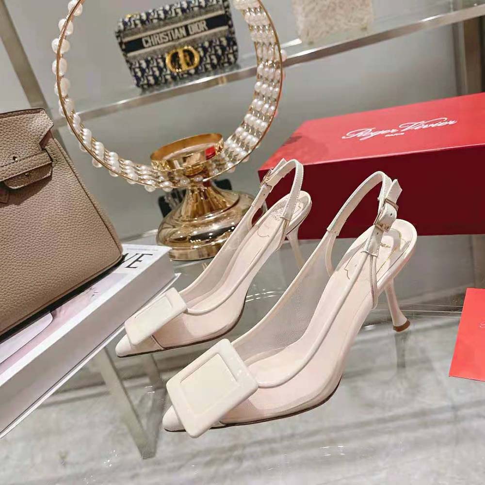 Roger Vivier Women Viv’ In The City Net Covered Buckle Slingback Pumps in Fabric-White - image 5