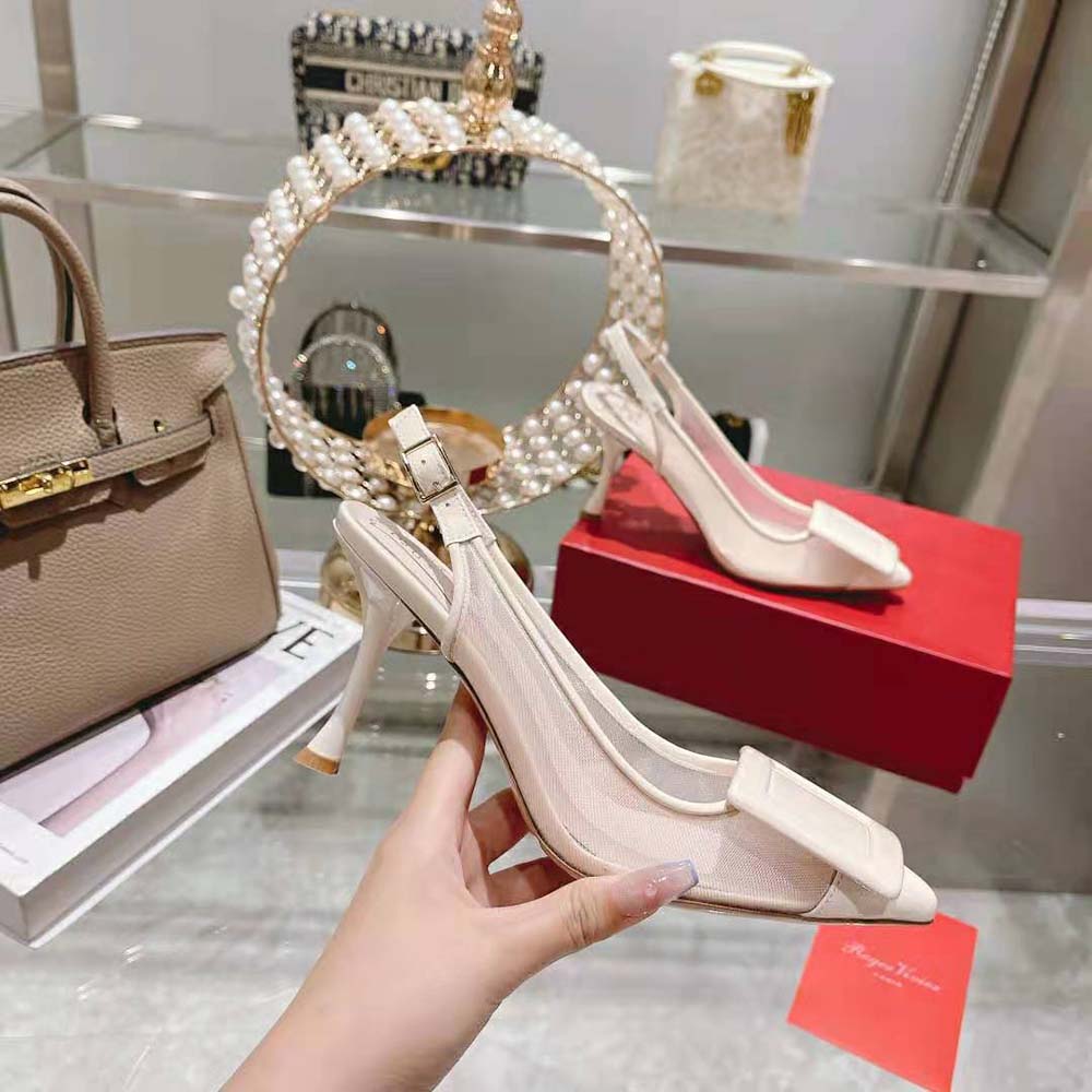 Roger Vivier Women Viv’ In The City Net Covered Buckle Slingback Pumps in Fabric-White - image 4