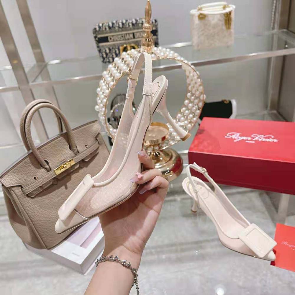 Top-down detail showing breathable net fabric on Roger Vivier Viv’ In The City pumps