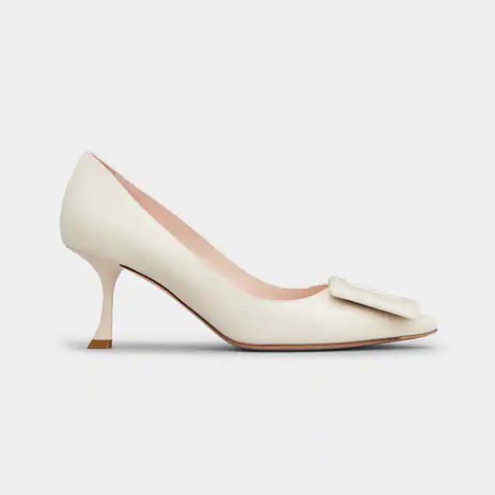 Side view of Roger Vivier Women Viv’ In The City Pumps in Patent Leather-White