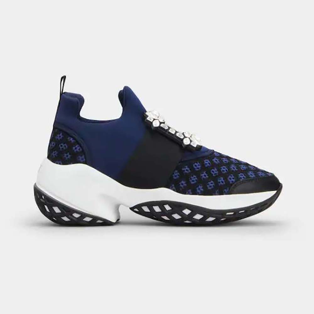 Roger Vivier Women Viv’ Run Strass Buckle Sneakers in Technical Fabrics-Navy