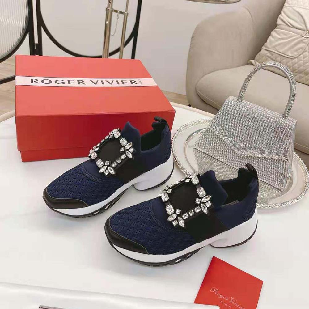 Roger Vivier Women Viv’ Run Strass Buckle Sneakers in Technical Fabrics-Navy - image 4