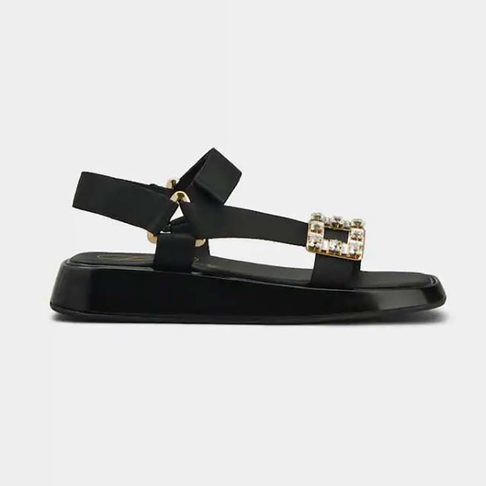 Side view of Roger Vivier Women Vivier Slide Trekky Strass Buckle Sandals in black fabric