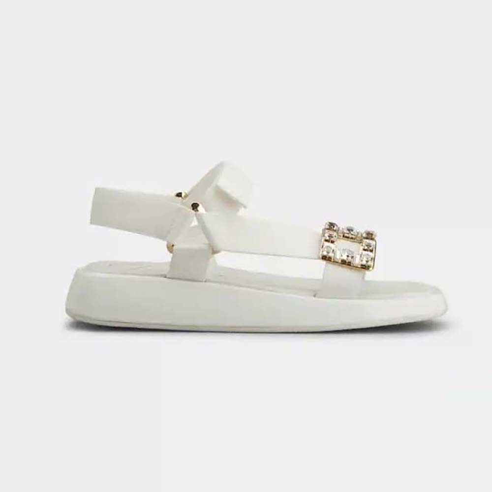Side view of Roger Vivier Women Vivier Slide Trekky Strass Buckle Sandals in White