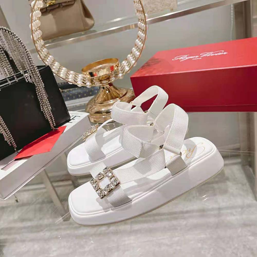 Roger Vivier Women Vivier Slide Trekky Strass Buckle Sandals in Fabrics-White - image 4