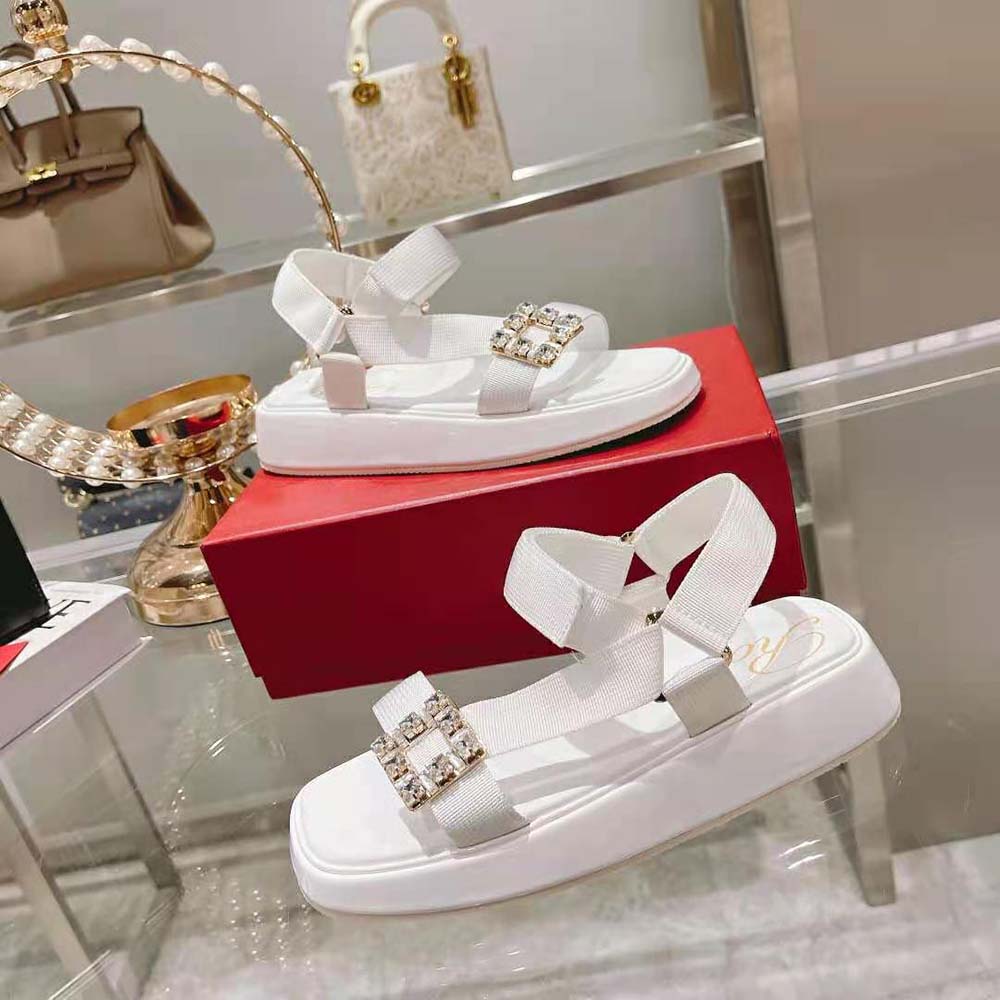 Roger Vivier Women Vivier Slide Trekky Strass Buckle Sandals in Fabrics-White - image 5