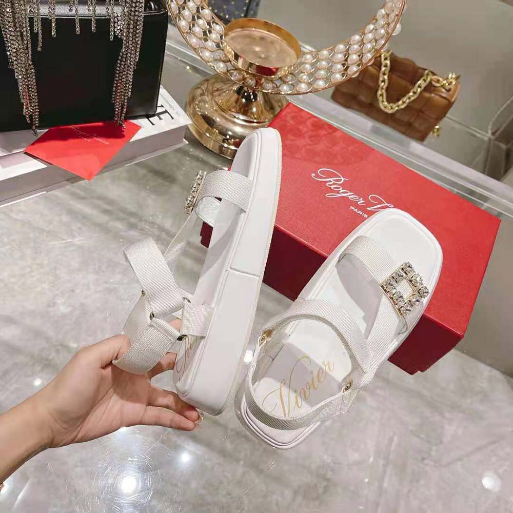 Roger Vivier Women Vivier Slide Trekky Strass Buckle Sandals in Fabrics-White - image 6