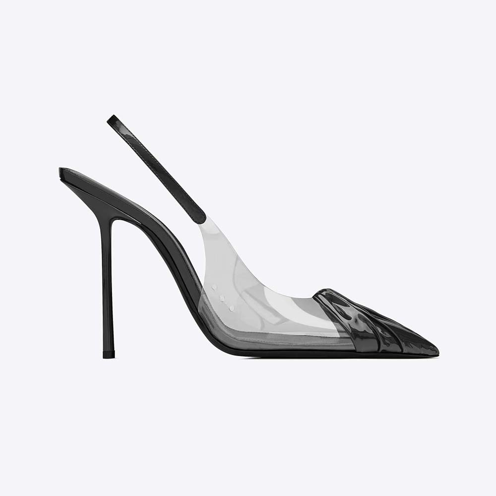 Side view of Saint Laurent YSL Women Chica Slingback Pumps in black patent leather