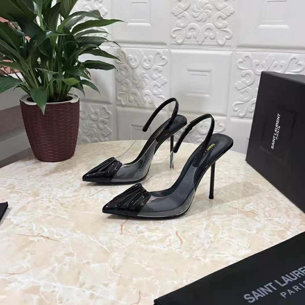 Top angle showing slingback strap and glossy finish of Saint Laurent YSL pumps