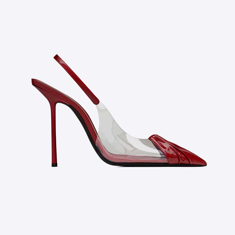 Front angle of Saint Laurent YSL Women Chica Slingback Pumps in maroon patent leather