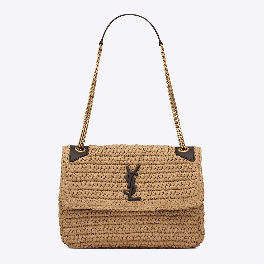 Front view of Saint Laurent YSL Women Niki Medium Chain Bag in raffia and leather-brown