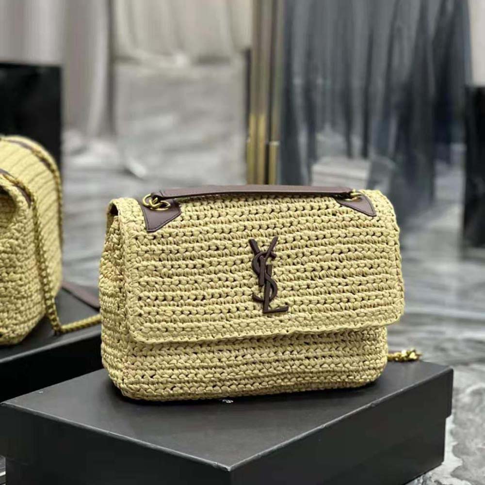 Side angle showing the raffia texture and leather trim on Saint Laurent YSL Women Niki Medium Chain Bag