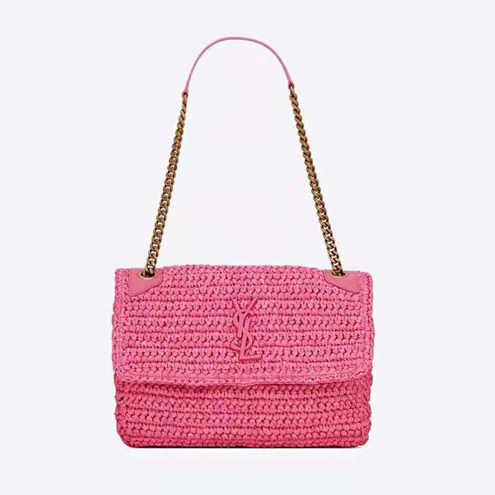 Front view of Saint Laurent YSL Women Niki Medium Chain Bag in pink raffia