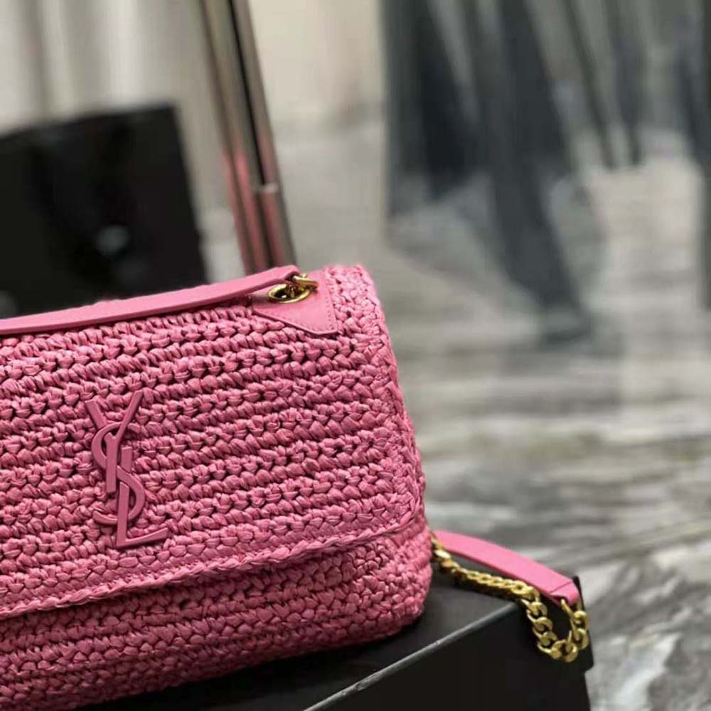 Saint Laurent YSL Women Niki Medium Chain Bag in Raffia and Leather-Pink - image 9