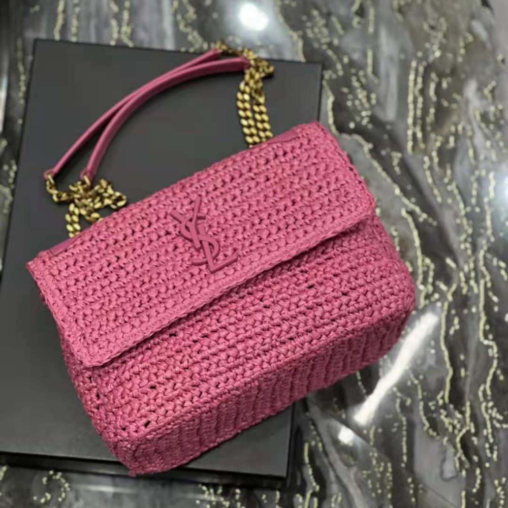 Saint Laurent YSL Women Niki Medium Chain Bag in Raffia and Leather-Pink - image 5