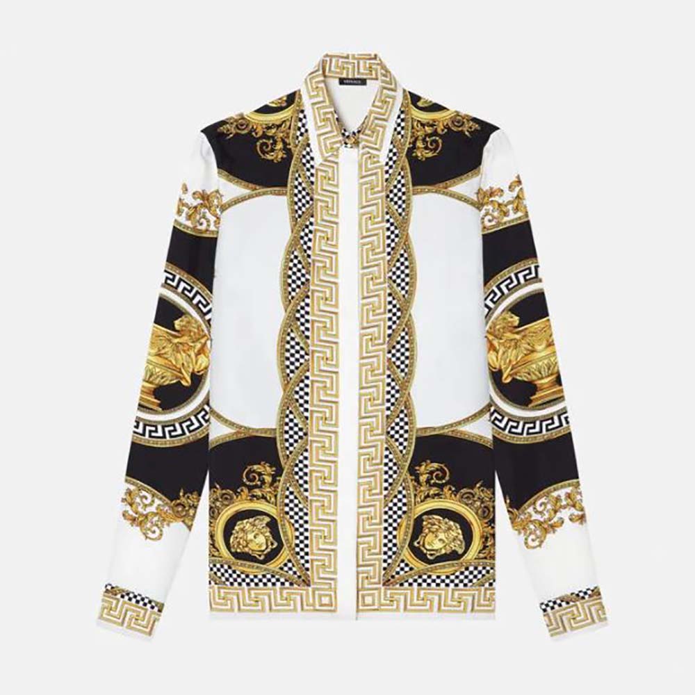 Front view of Versace Women La Coupe Des Dieux Silk Shirt in yellow