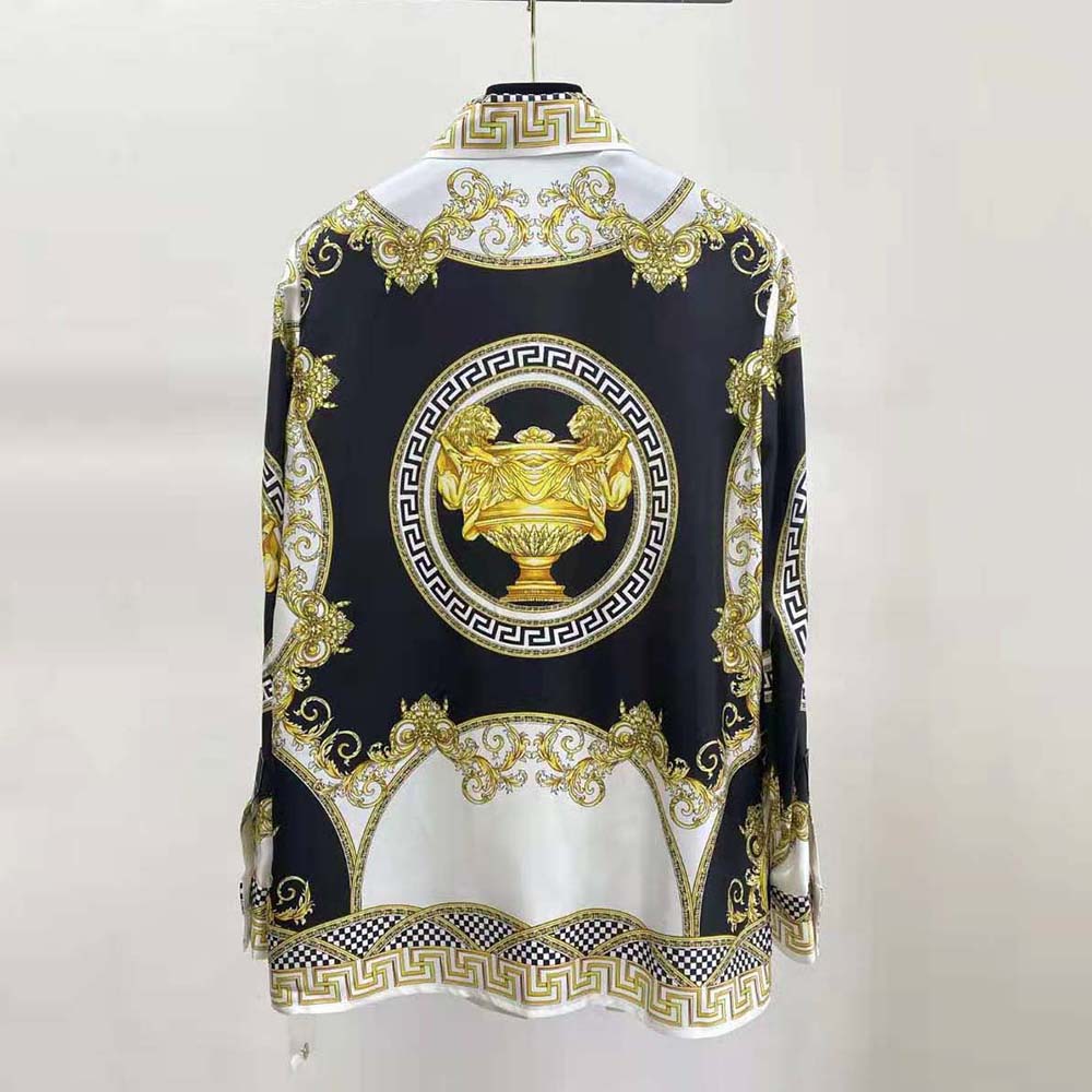 Side angle showing relaxed fit of Versace Women La Coupe Des Dieux Silk Shirt
