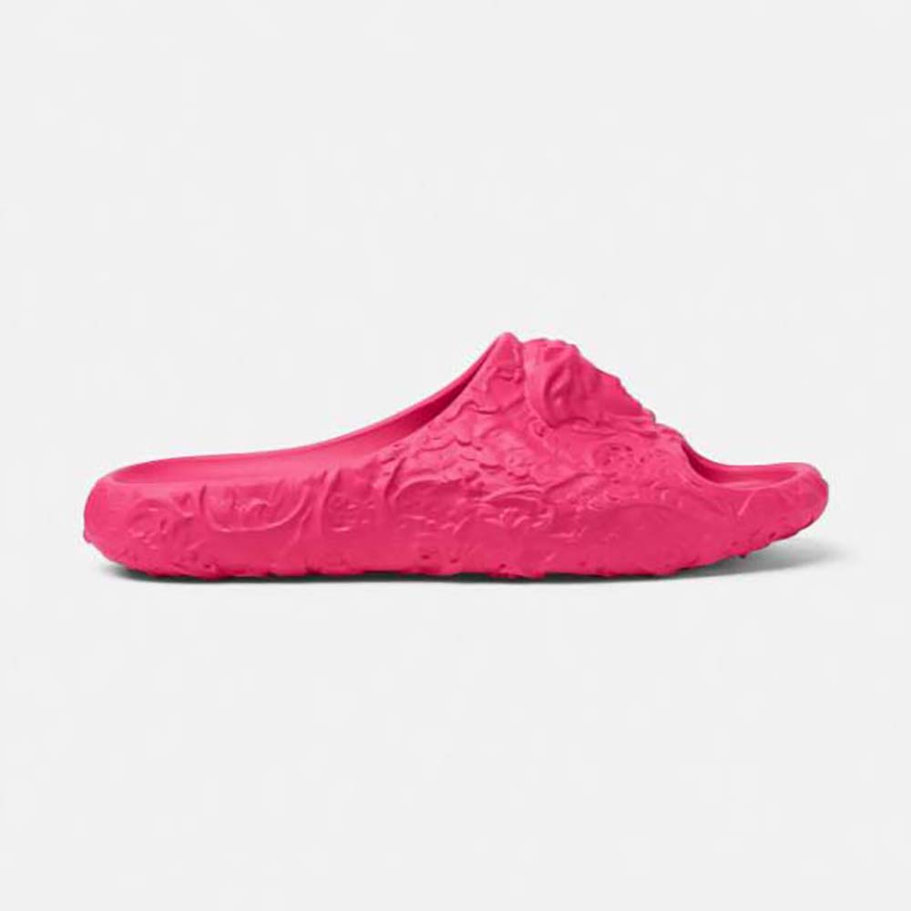 Side view of Versace Unisex Medusa Dimension Sliders-Pink showing gold emblem