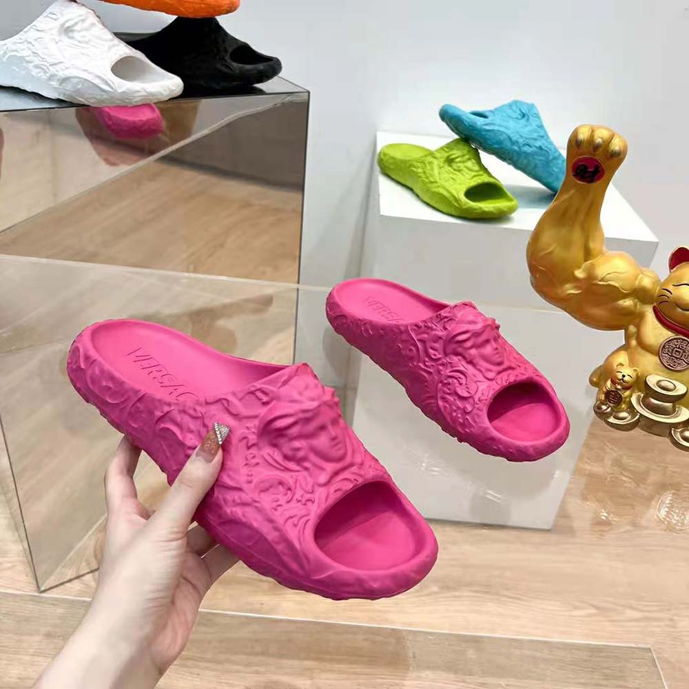 Top angle of Versace Unisex Medusa Dimension Sliders-Pink highlighting strap design