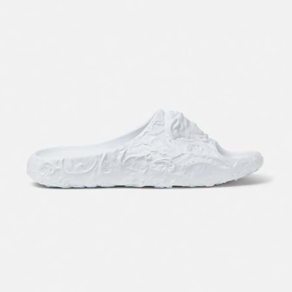 Side view of Versace Unisex Medusa Dimension Sliders-White highlighting silhouette