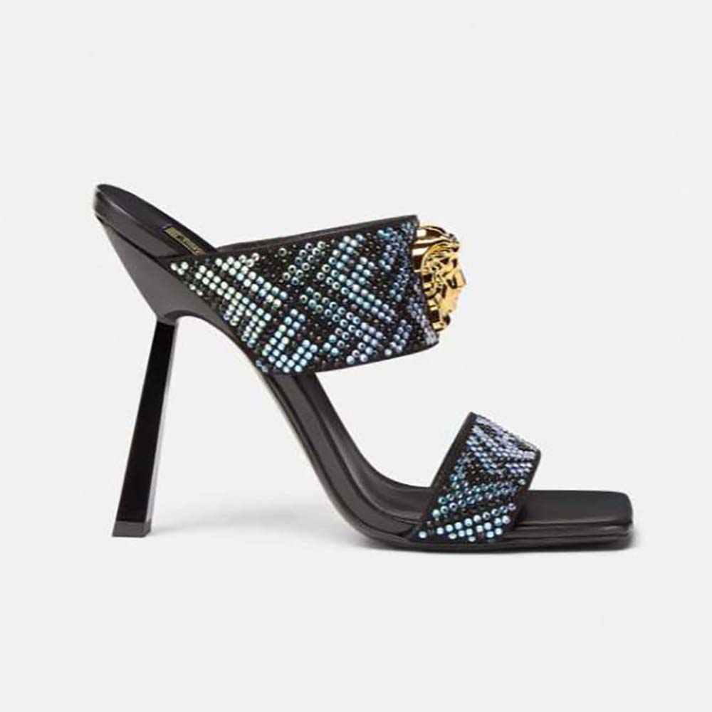 Front angle of Versace Women Fendace FF Jacquard Mules in blue