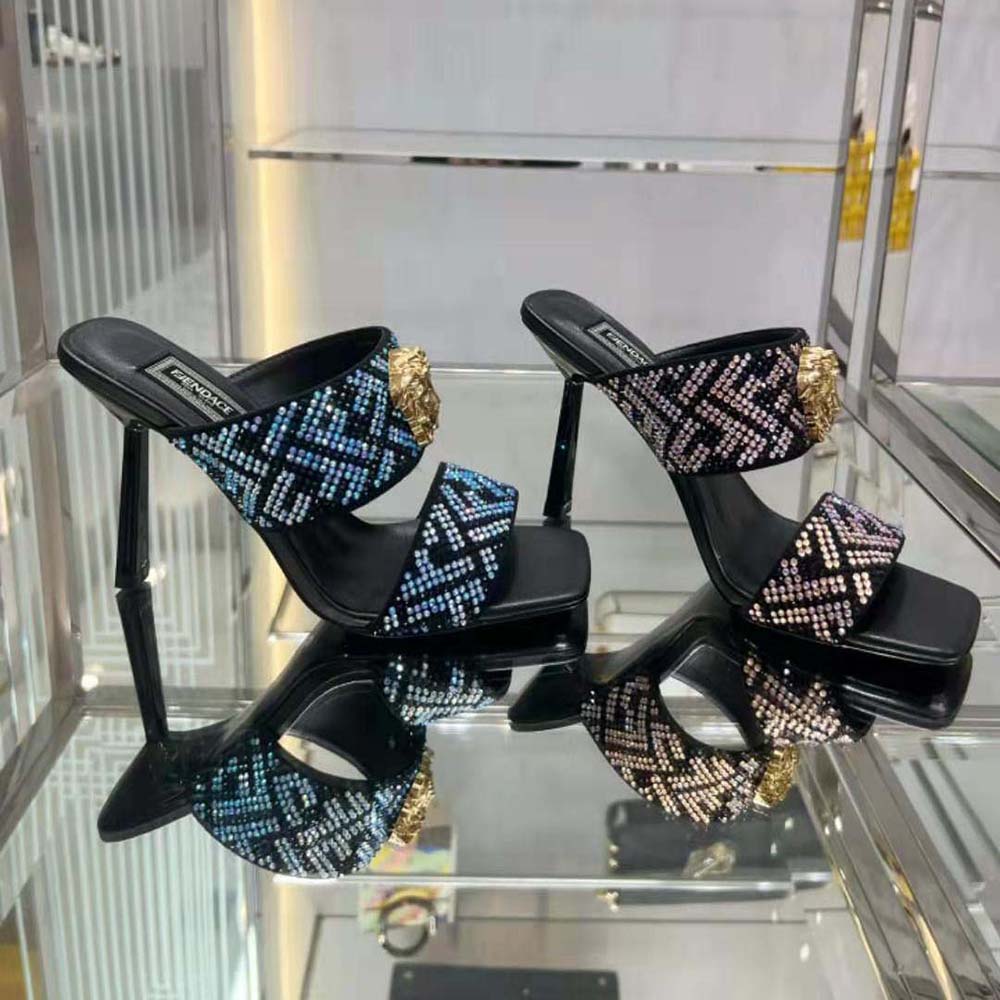 Side profile showing high heel on Versace Women Fendace FF Jacquard Mules