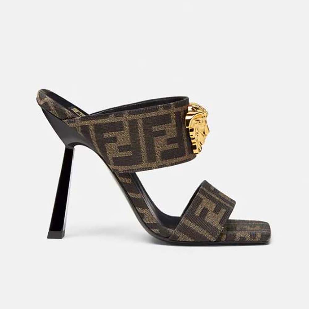 Side view of Versace Women Fendace FF Jacquard Mules-Brown high heels