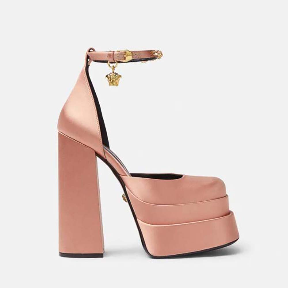 Side view of Versace Women Medusa Aevitas Platform Pumps in Pink
