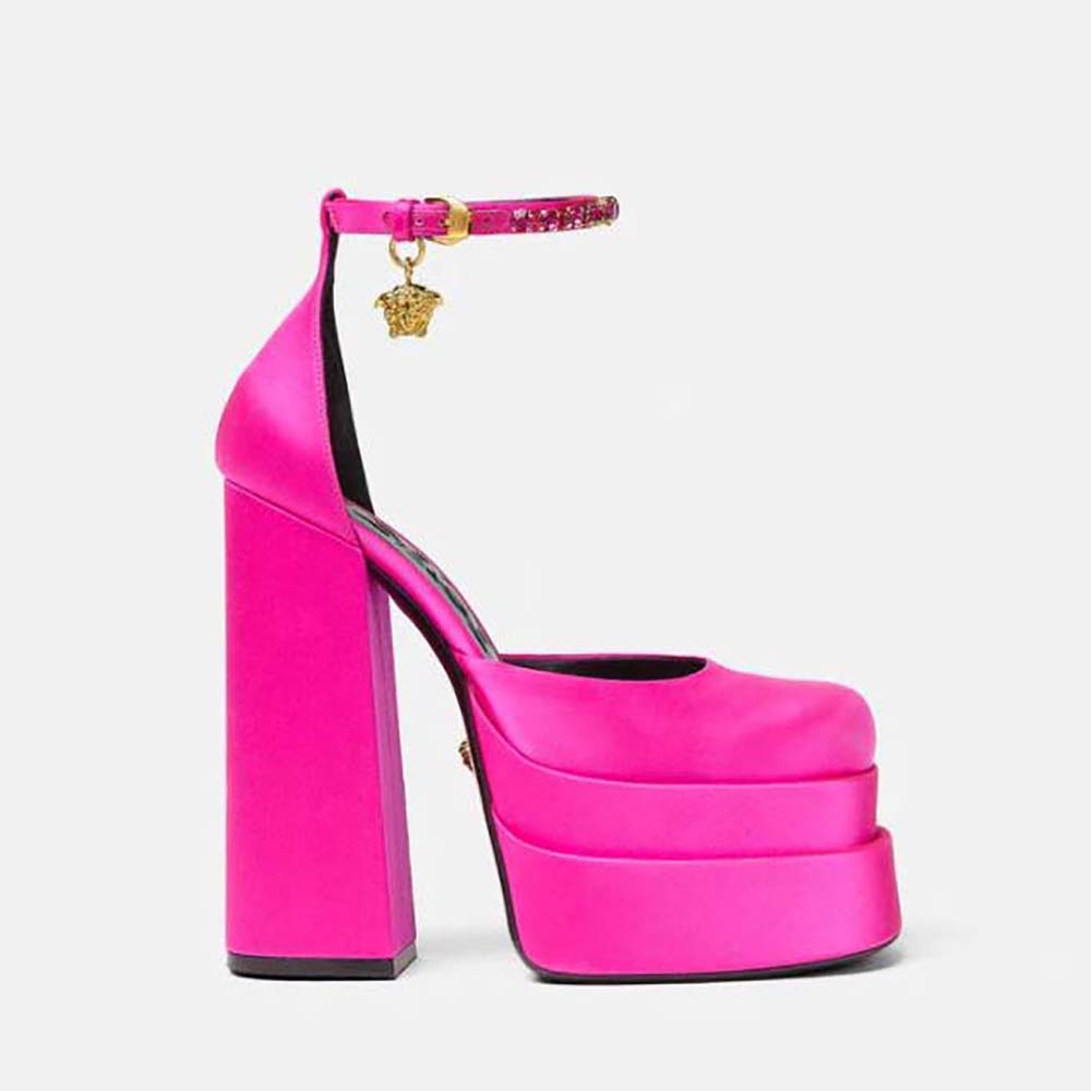 Side view of Versace Women Medusa Aevitas Platform Pumps in Rose