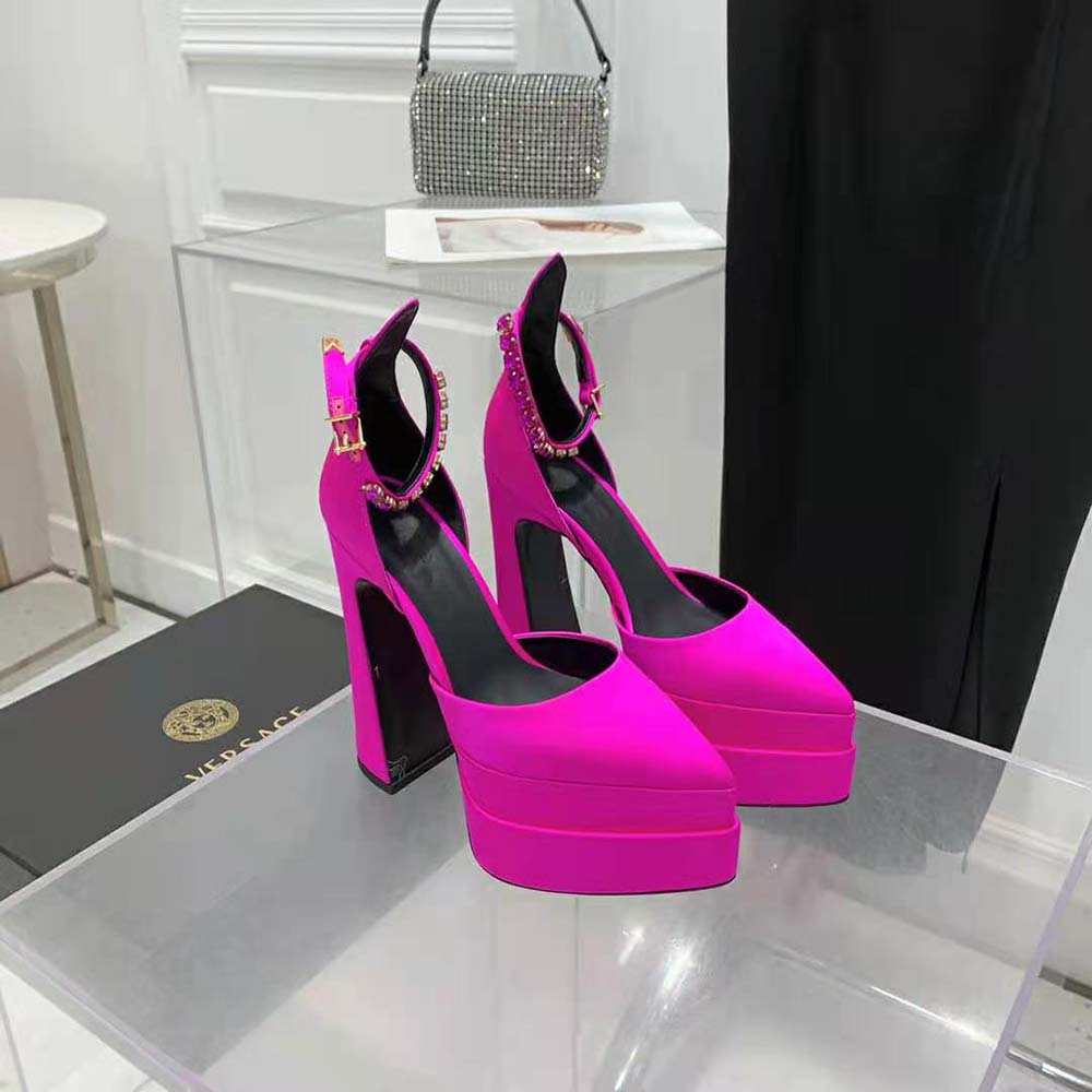 Top-down angle showing buckle and platform heel of Versace Rose Pumps